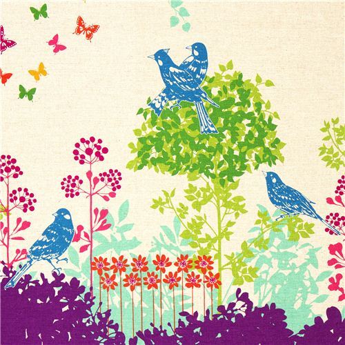 echino canvas fabric Wish purple birds flowers
