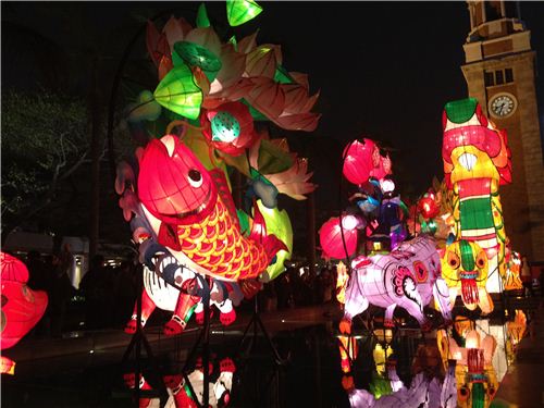 Lots of Chinese symbols and zodiac animals surround the dragon