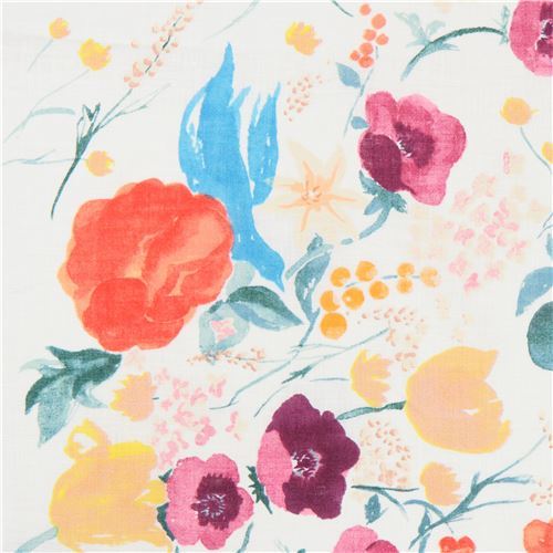 flower bird cream peach metallic nani Iro linen fabric Kokka