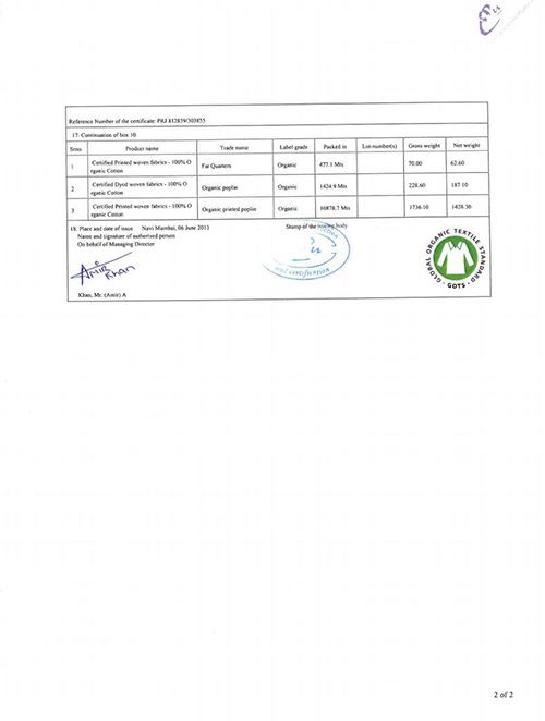 Page 1 of the Birch Organic Fabric Certification