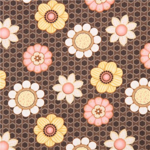 beautiful brown honeycomb flower fabric by Henry Glass