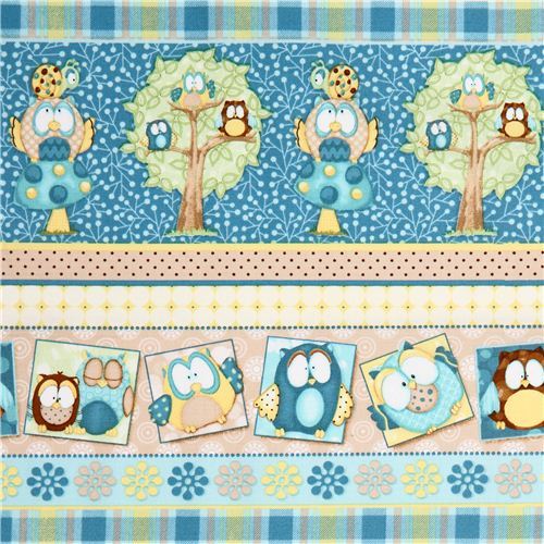 turquoise owl forest animal fabric by Henry Glass
