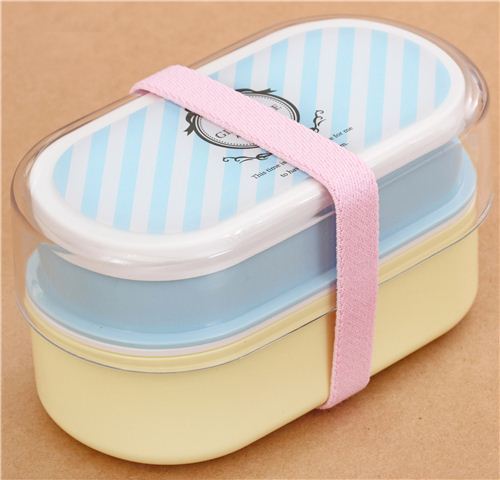 sky blue and yellow Bento Box Lunch Box with stripes and clock from Japan