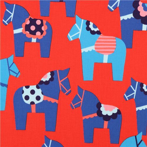 red Swedish Dala horses animal fabric Kokka Japan