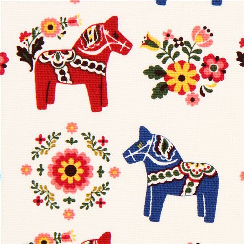 white Swedish Dala horses animal fabric by Cosmo from Japan