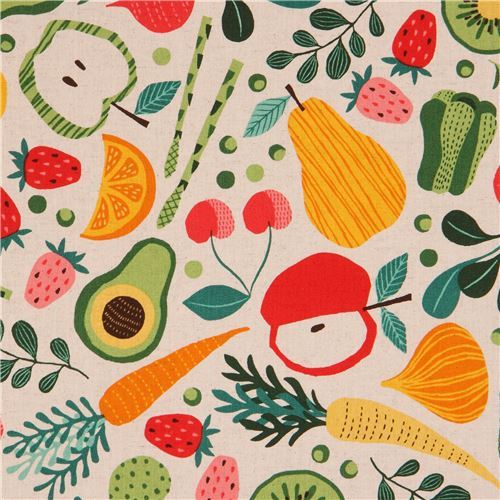 grey-brown canvas fabric cute colorful fruit vegetable from Japan