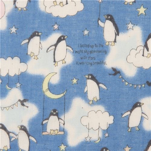 blue double gauze fabric with penguins and clouds