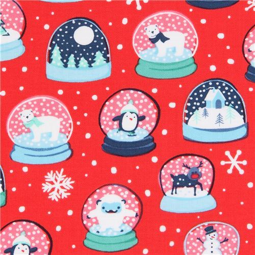 red Ink & Arrow fabric Christmas fabric with snow globes