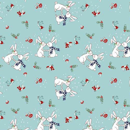 blue Riley Blake fabric Christmas rabbit bird mushroom Pixie Noel