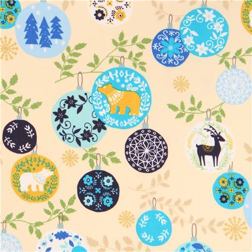 cream oxford fabric colorful animal Christmas ornament gold metallic by Kokka