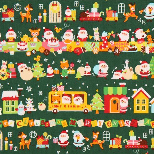 cute dark green fabric with Santa Christmas tree house from Japan