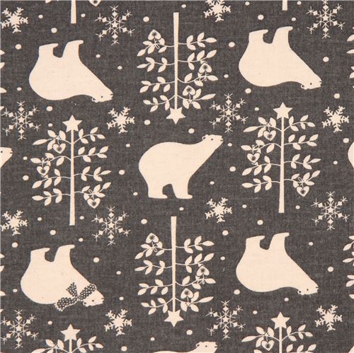 grey brushed Canvas bear tree snowflake fabric by Kokka from Japan