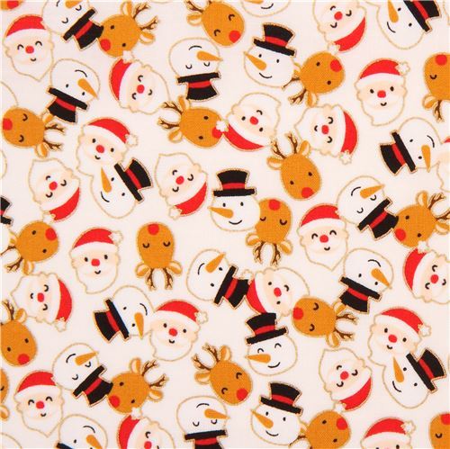 light cream cute santa snowman reindeer gold metallic fabric