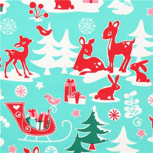 Michael Miller fabric aqua Yule Critters deer Christmas