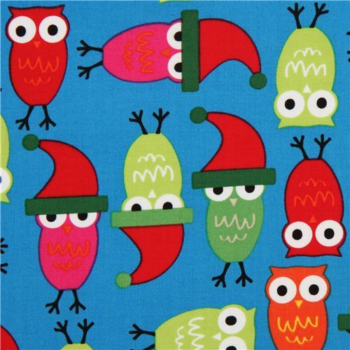 blue Christmas owl fabric by Robert Kaufman