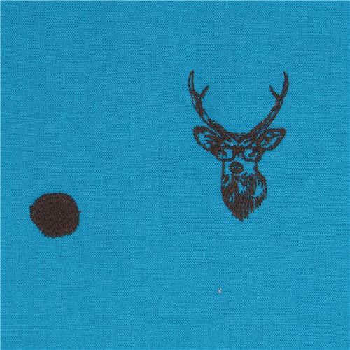 blue echino embroidered canvas fabric with deer stag animal circle dot
