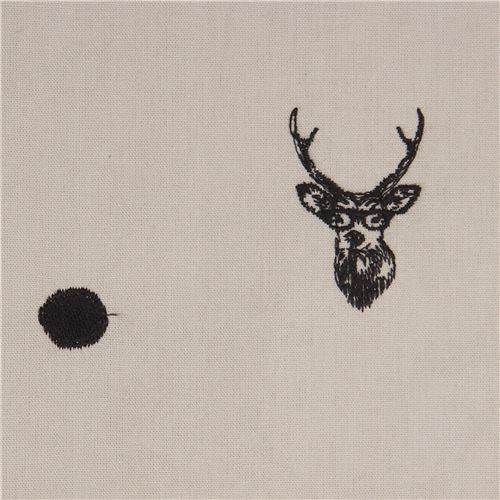 light taupe echino embroidered canvas fabric with deer stag animal circle dot