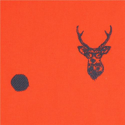 orange echino embroidered canvas fabric with deer stag animal circle dot