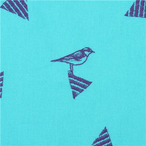 turquoise-green echino embroidered canvas fabric with triangle bird animal