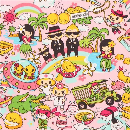 pink Hawaii hula alien anime fabric Manga fabric