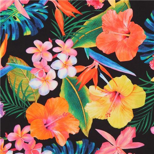 black Robert Kaufman fabric colorful flower Island Sanctuary Digital Print