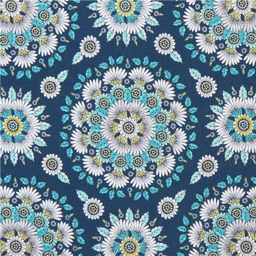 flower fabric by Robert Kaufman in navy blue
