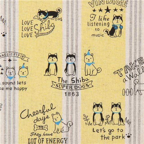 dog canvas fabric yellow Kokka with stripe