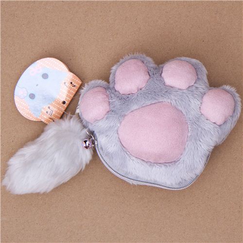 grey Kutusita Nyanko cat paw plush pouch wallet