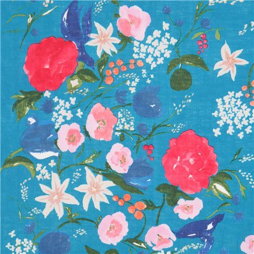 flower nani Iro linen fabric by Kokka in teal