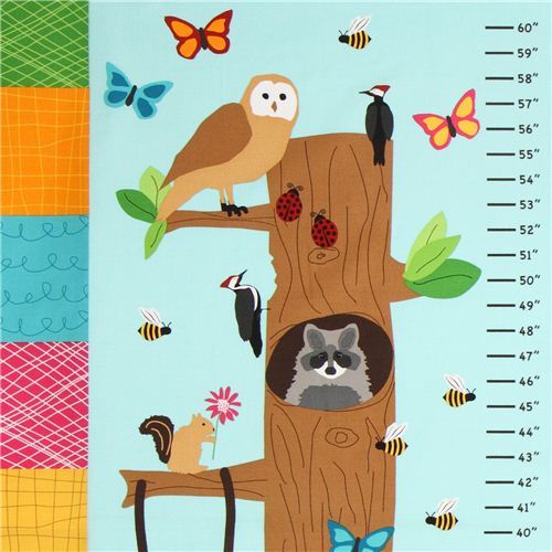 blue forest animal kids growth chart fabric Robert Kaufman