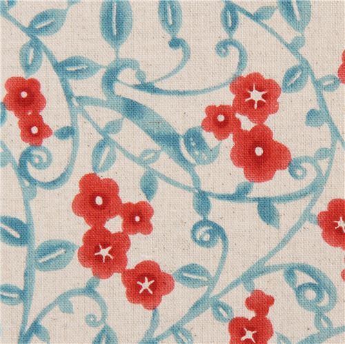 natural color canvas fabric with flowers and cats by Kokka