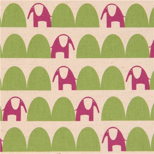 natural color cute purple elephant green half oval Canvas fabric Kokka Japan