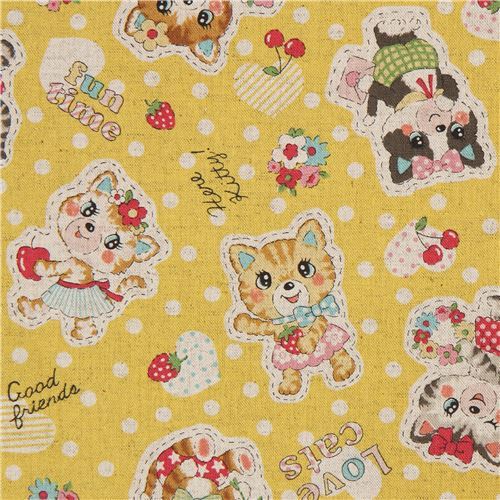 yellow Canvas fabric with cat animal dot Kokka Japan
