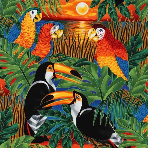 colorful tropical birds parrot fabric Robert Kaufman