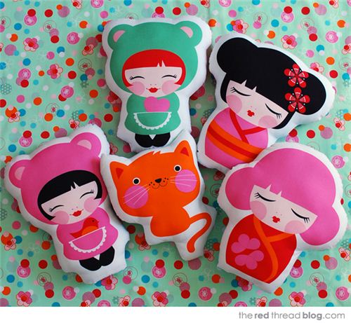 These cute Kokeshi doll, kawaii girl and cat cushions are super adorable