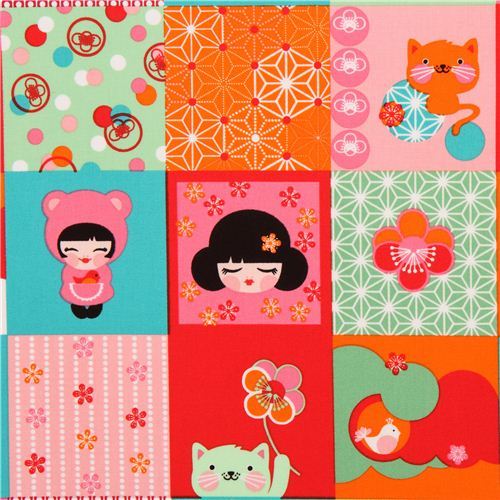 Patchwork kawaii Kokeshi doll fabric by Robert Kaufman USA