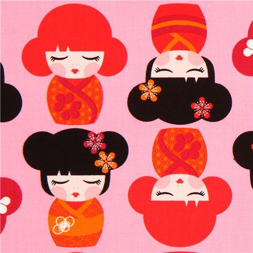 pink Kokeshi doll fabric by Robert Kaufman USA