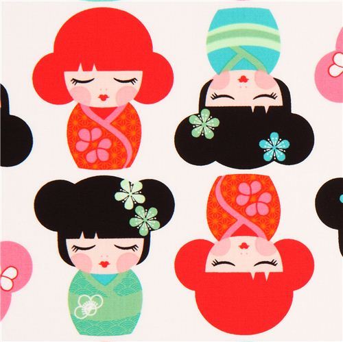 white Kokeshi doll fabric by Robert Kaufman USA