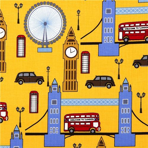yellow London fabric with Big Ben by Robert Kaufman USA
