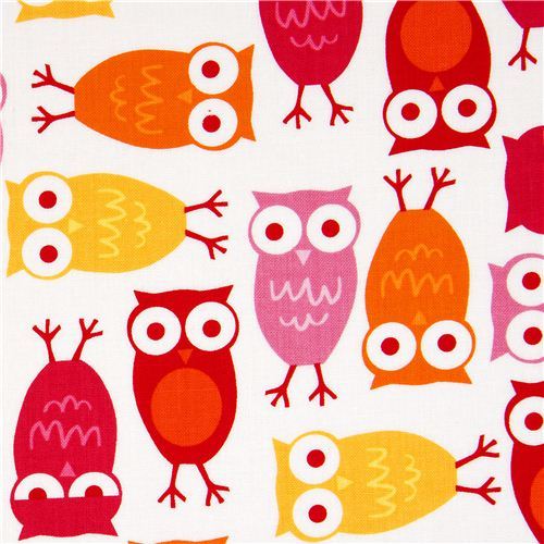 funny white owls fabric Robert Kaufman kawaii