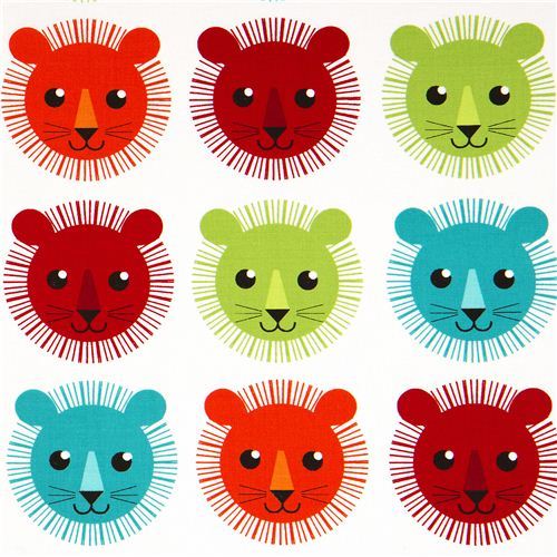 white fabric with colourful lions by Robert Kaufman