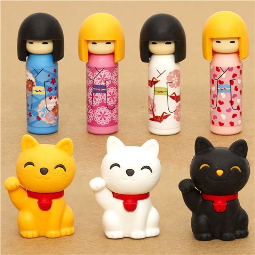erasers 7 pieces rubber set Kokeshi dolls & lucky cats