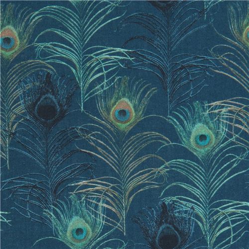 dark teal Stof France fabric with peacock feathers