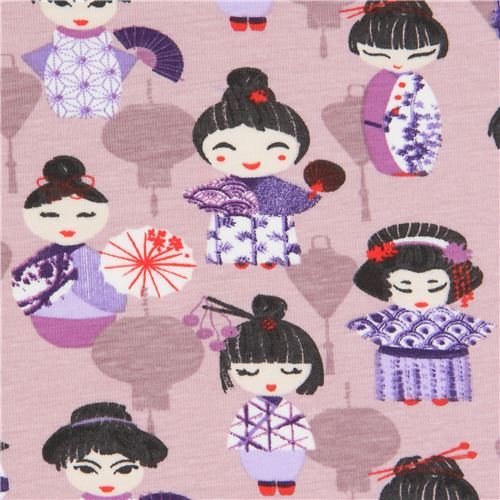mauve Stof France knit fabric with women in traditional outfits