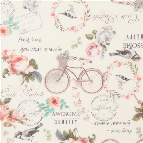 retro beige fabric by Stof France with bicycles and flowers