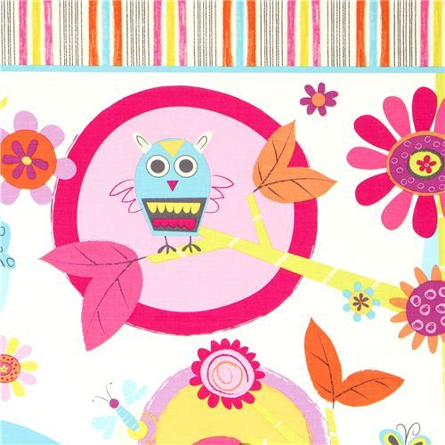 white Robert Kaufman fabric with owl bird & flower