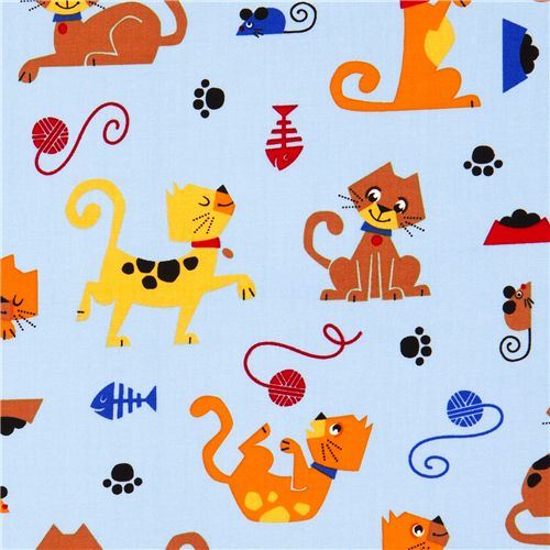 blue cat fabric with mouse fish wool by Robert Kaufman
