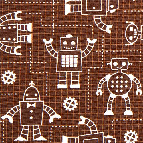 brown organic fabric with robots by Robert Kaufman