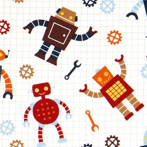 white organic fabric with robots by Robert Kaufman