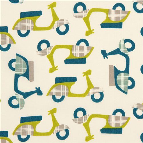 cream birch organic fabric with green mopeds